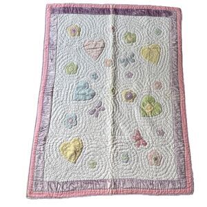 Baby Quilt Pastels 36x46 Machine Stitched Appliqués Lap Blanket Wall Hanging Vtg